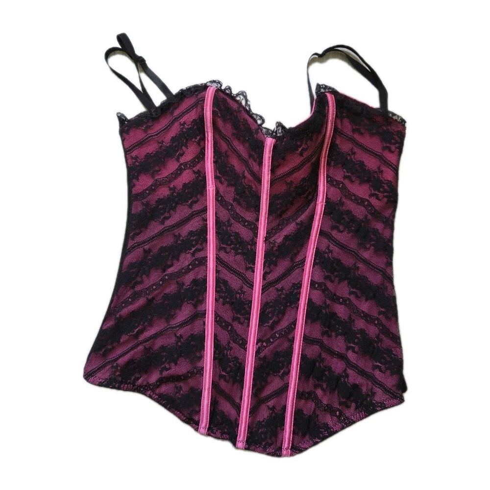 Morbid Threads Corset Bustier Top 36C Pink Black Lace Boned Gothic Lingerie GUC